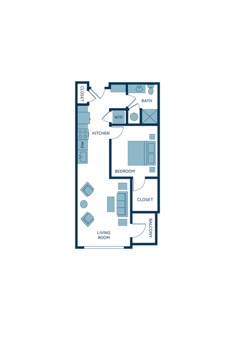 Floor plan for 1 bed, 1 bath, 677 sqft